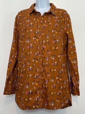 Whimsy Woodsy Cottagecore Duluth Rust Gnome/Chickens LS Button-up Shirt Womens L